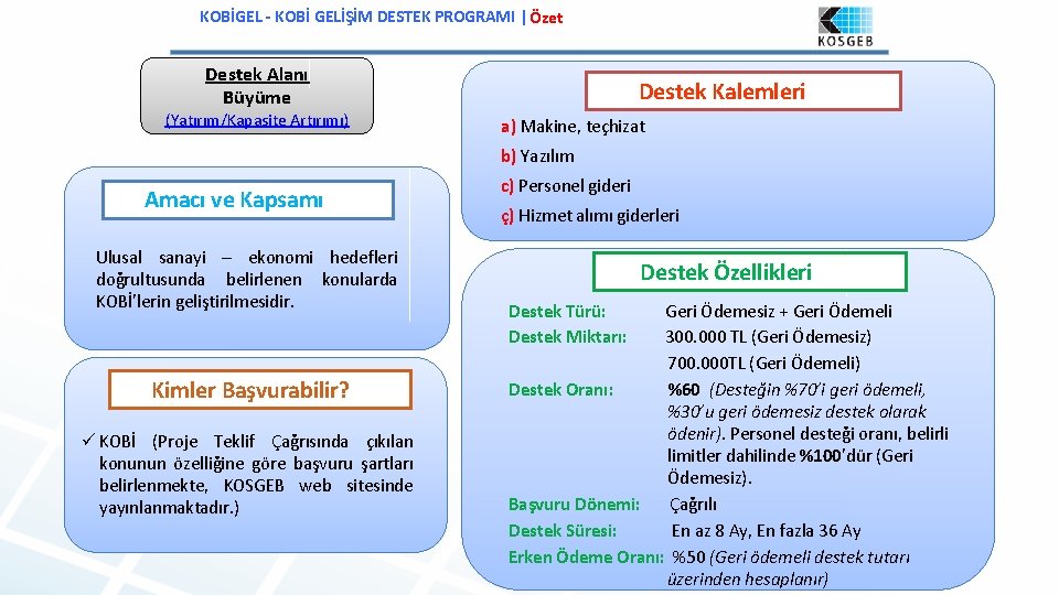 KOBİGEL - KOBİ GELİŞİM DESTEK PROGRAMI | Özet Destek Alanı Büyüme (Yatırım/Kapasite Artırımı) Destek