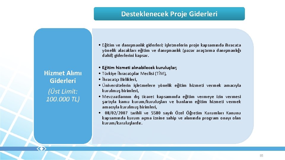 Desteklenecek Proje Giderleri • Eğitim ve danışmanlık giderleri; işletmelerin proje kapsamında ihracata yönelik alacakları