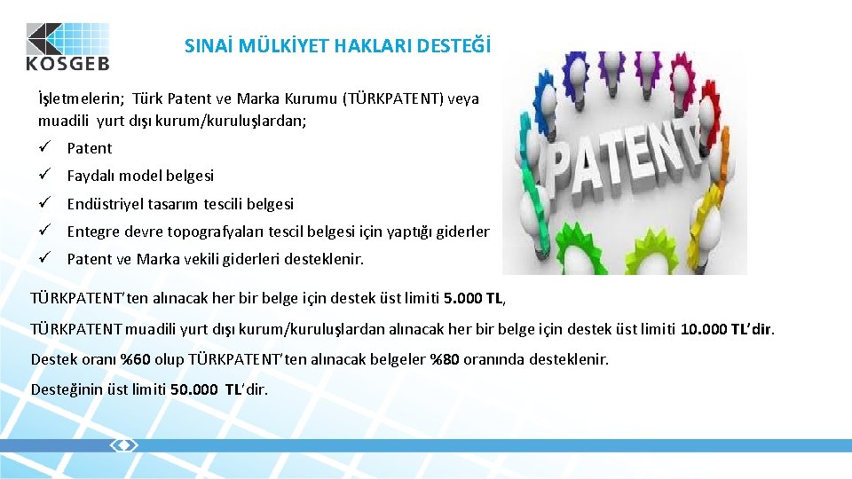 SINAİ MÜLKİYET HAKLARI DESTEĞİ İşletmelerin; Türk Patent ve Marka Kurumu (TÜRKPATENT) veya muadili yurt