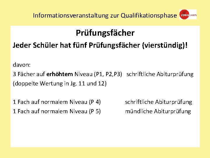 Informationsveranstaltung zur Qualifikationsphase Prüfungsfächer Jeder Schüler hat fünf Prüfungsfächer (vierstündig)! davon: 3 Fächer auf