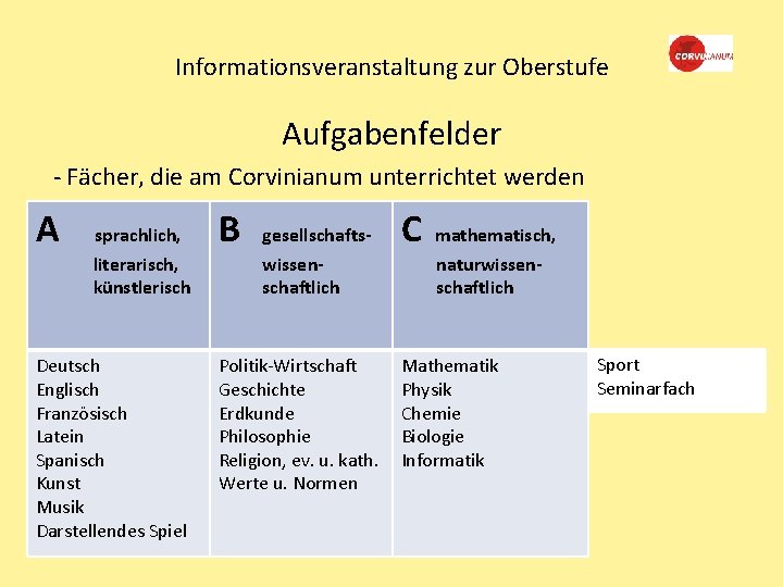 Informationsveranstaltung zur Oberstufe Aufgabenfelder - Fächer, die am Corvinianum unterrichtet werden A sprachlich, literarisch,