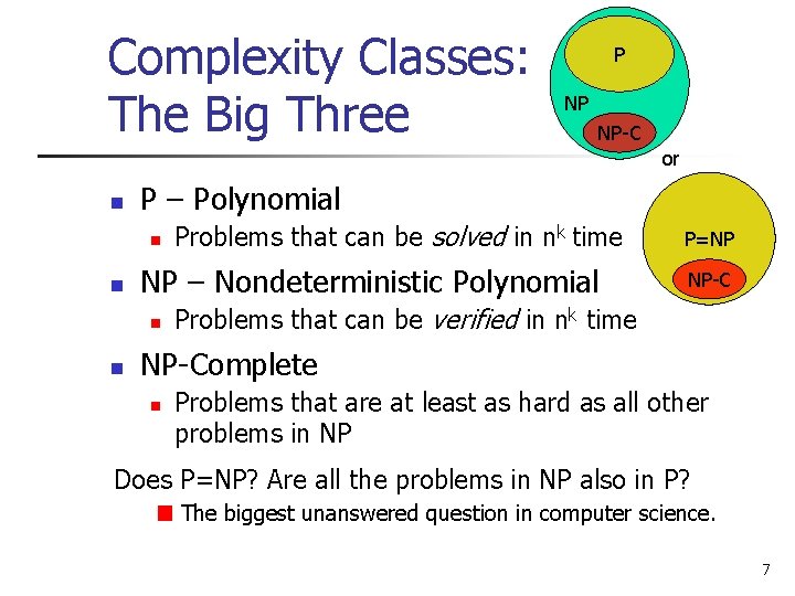 Complexity Classes: The Big Three P NP NP-C or n P – Polynomial n