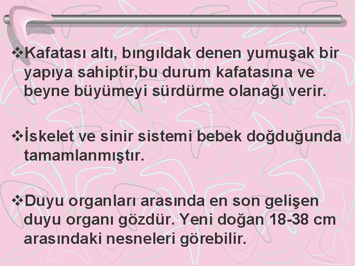 v. Kafatası altı, bıngıldak denen yumuşak bir yapıya sahiptir, bu durum kafatasına ve beyne