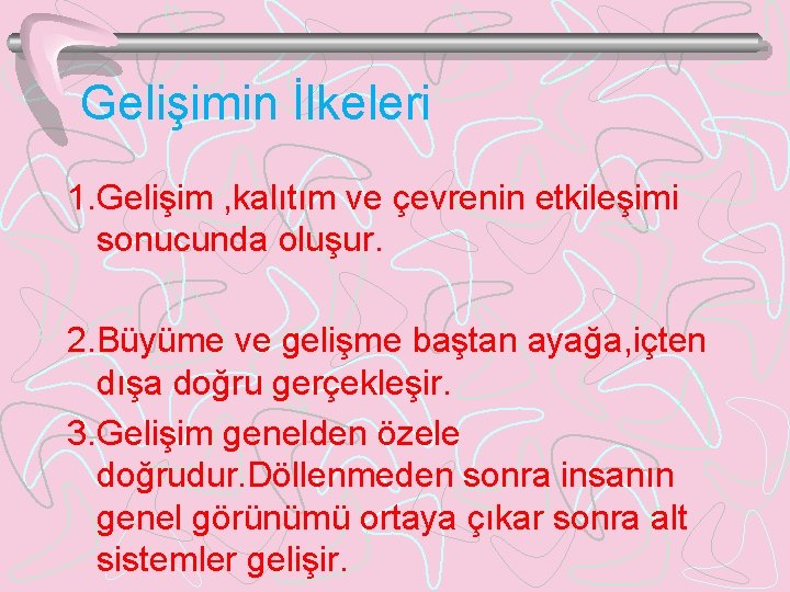 Gelişimin İlkeleri 1. Gelişim , kalıtım ve çevrenin etkileşimi sonucunda oluşur. 2. Büyüme ve