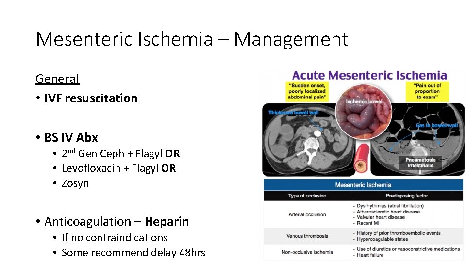 Mesenteric Ischemia – Management General • IVF resuscitation • BS IV Abx • 2