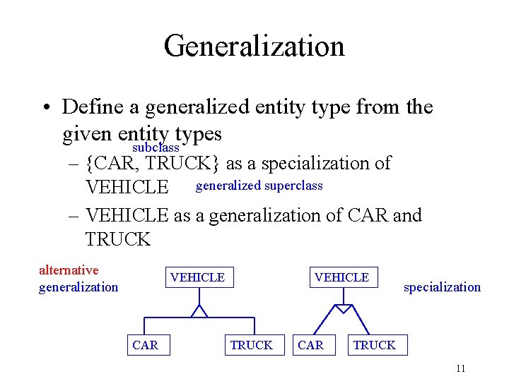 Generalization • Define a generalized entity type from the given entity types subclass –
