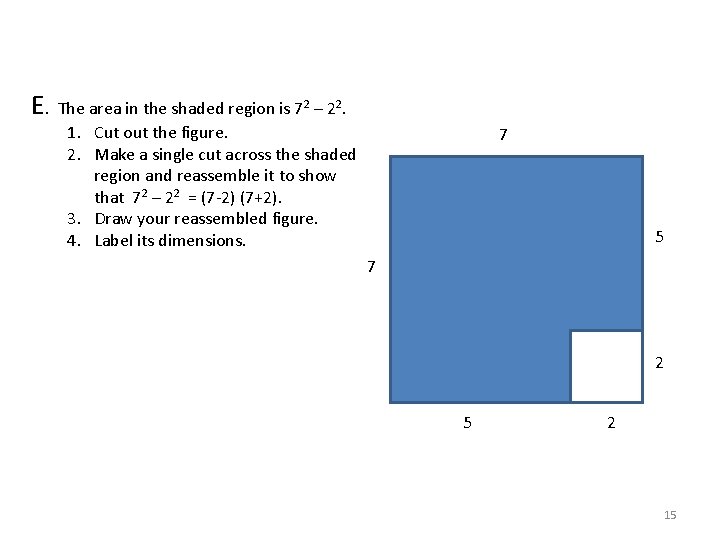 E. The area in the shaded region is 72 – 22. 1. Cut out