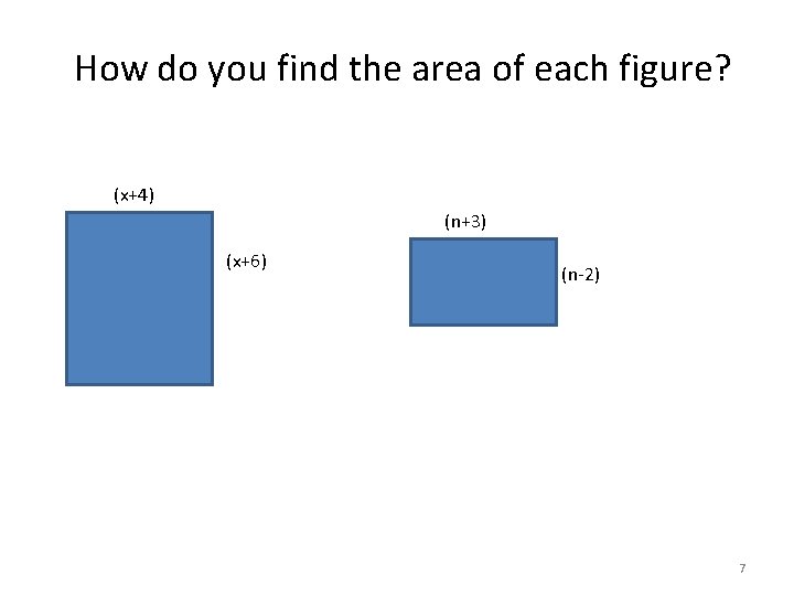 How do you find the area of each figure? (x+4) (n+3) (x+6) (n-2) 7