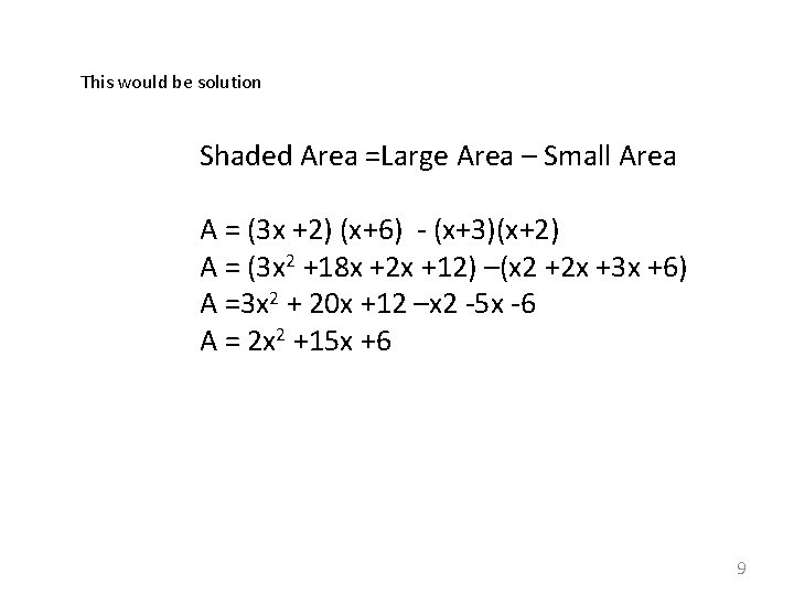 This would be solution Shaded Area =Large Area – Small Area A = (3