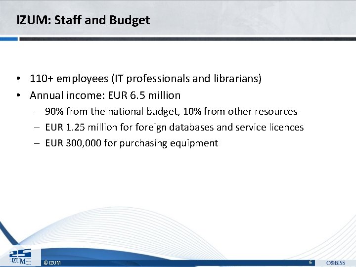 IZUM: Staff and Budget • 110+ employees (IT professionals and librarians) • Annual income: