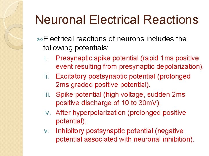 Neuronal Electrical Reactions Electrical reactions of neurons includes the following potentials: i. iii. iv.