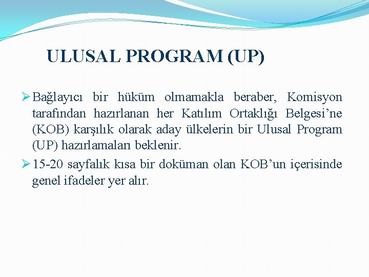 ULUSAL PROGRAM (UP) Ø Bağlayıcı bir hüküm olmamakla beraber, Komisyon tarafından hazırlanan her Katılım