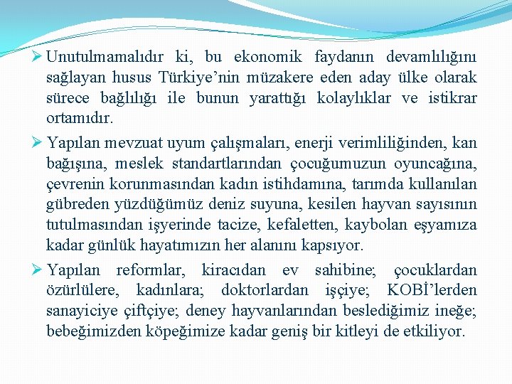 Ø Unutulmamalıdır ki, bu ekonomik faydanın devamlılığını sağlayan husus Türkiye’nin müzakere eden aday ülke