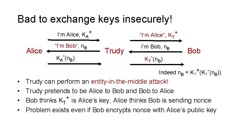 Bad to exchange keys insecurely! I’m Alice, KA+ Alice “I’m Bob”, n. B KA-(n.