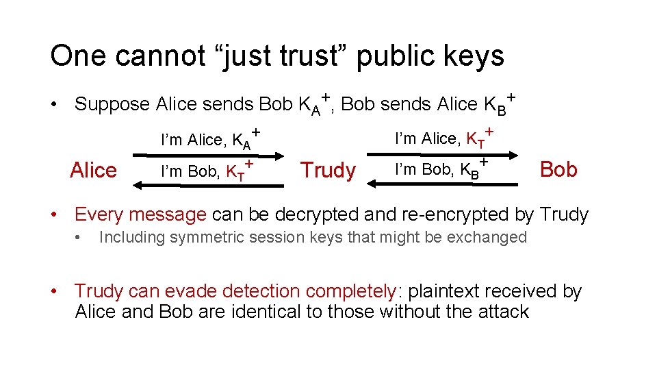 One cannot “just trust” public keys • Suppose Alice sends Bob KA+, Bob sends