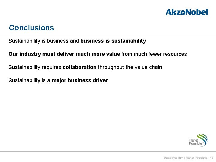 Conclusions Sustainability is business and business is sustainability Our industry must deliver much more