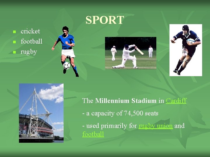 SPORT n n n cricket football rugby The Millennium Stadium in Cardiff - a