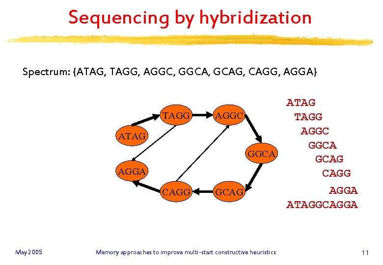 Sequencing by hybridization Spectrum: {ATAG, TAGG, AGGC, GGCA, GCAG, CAGG, AGGA} TAGG ATAG AGGA