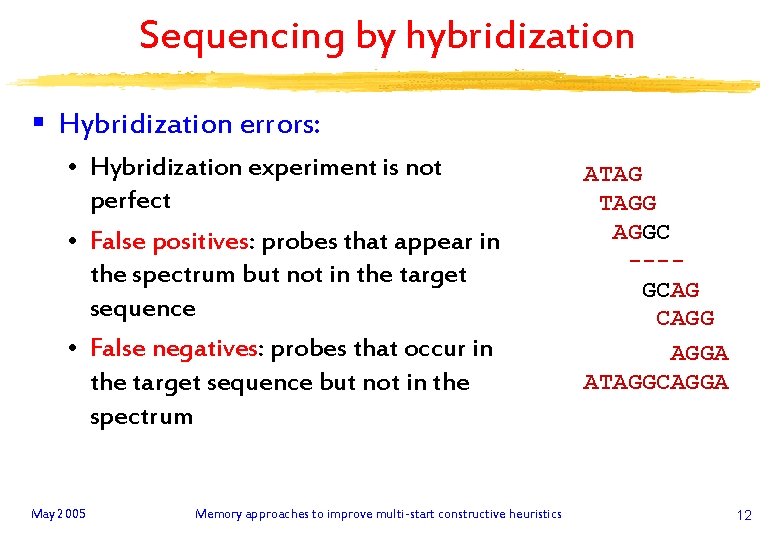Sequencing by hybridization § Hybridization errors: • Hybridization experiment is not perfect • False