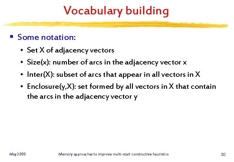 Vocabulary building § Some notation: • • May 2005 Set X of adjacency vectors
