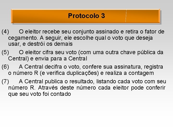 Protocolo 3 (4) O eleitor recebe seu conjunto assinado e retira o fator de