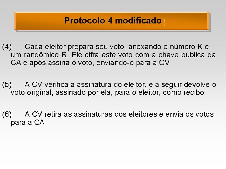 Protocolo 4 modificado (4) Cada eleitor prepara seu voto, anexando o número K e