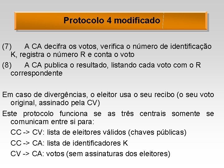 Protocolo 4 modificado (7) A CA decifra os votos, verifica o número de identificação