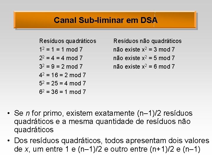 Canal Sub-liminar em DSA Resíduos quadráticos 12 = 1 mod 7 22 = 4