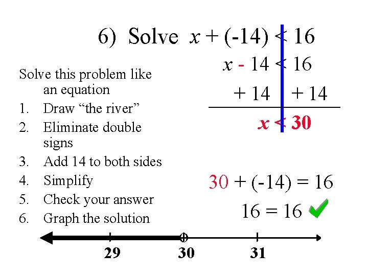6) Solve x + (-14) < 16 Solve this problem like an equation 1.