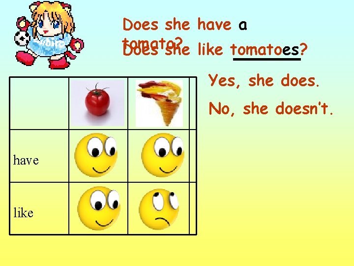 Does she have a tomato? Does she like tomatoes? Yes, she does. No, she