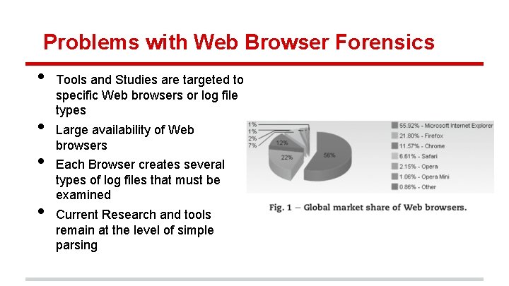 Problems with Web Browser Forensics • • Tools and Studies are targeted to specific