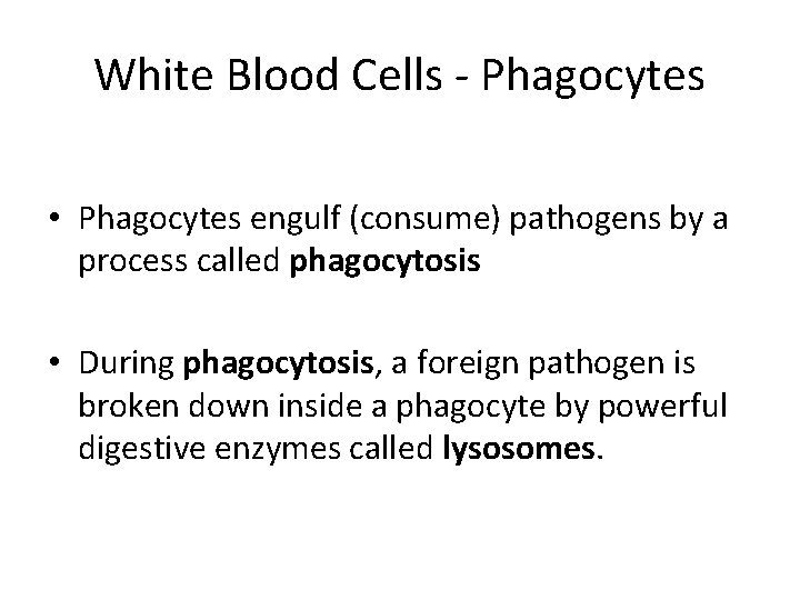 White Blood Cells - Phagocytes • Phagocytes engulf (consume) pathogens by a process called