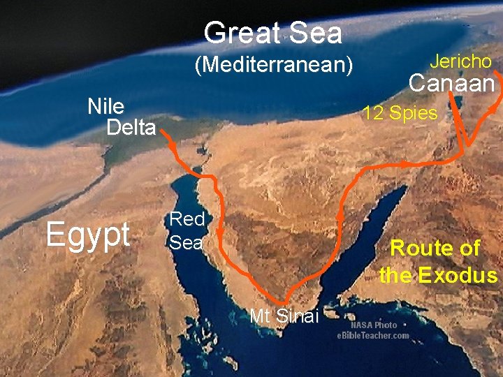 Great Sea (Mediterranean) Nile Delta Egypt Route of the Exodus Jericho Canaan 12 Spies