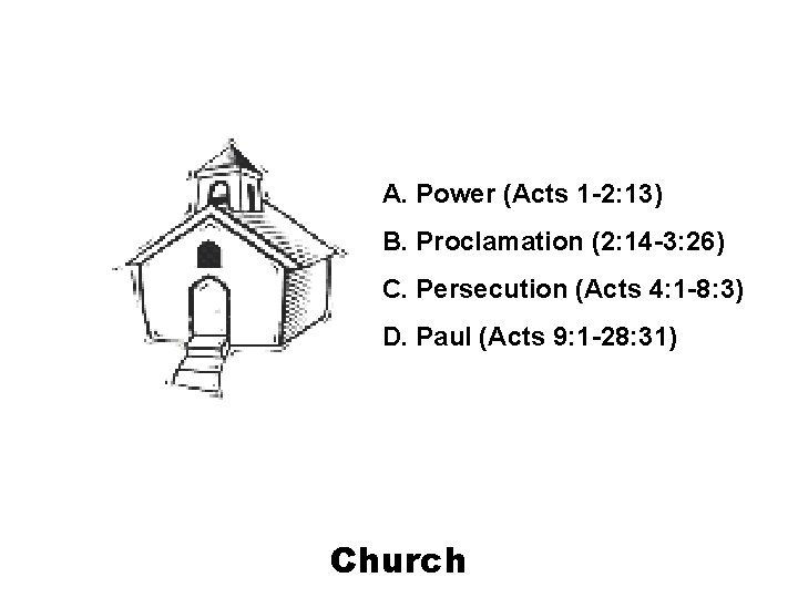 A. Power (Acts 1 -2: 13) B. Proclamation (2: 14 -3: 26) C. Persecution