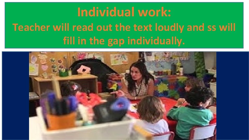 Individual work: Teacher will read out the text loudly and ss will fill in