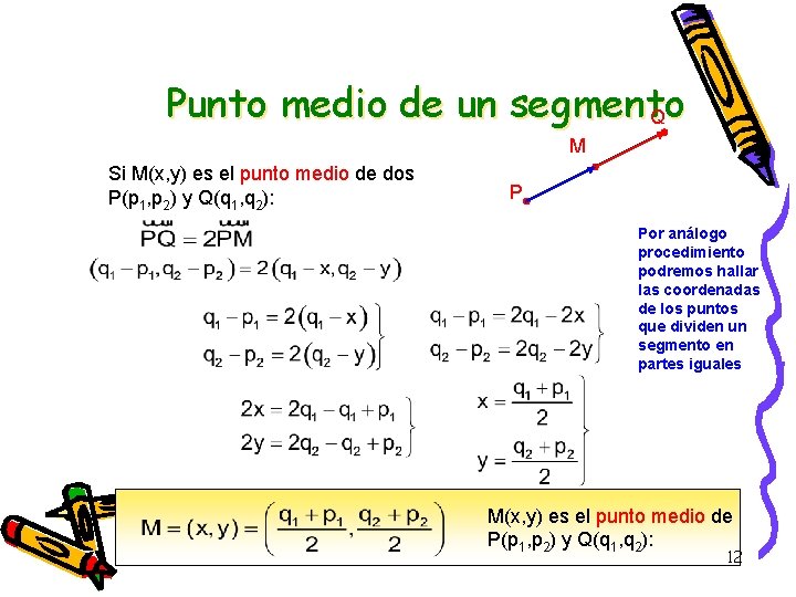 Punto medio de un segmento Q M Si M(x, y) es el punto medio