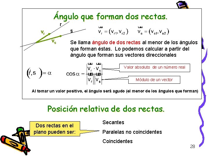 Ángulo que forman dos rectas. r s vr vs Se llama ángulo de dos