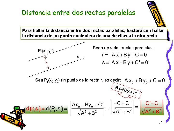 Distancia entre dos rectas paralelas Para hallar la distancia entre dos rectas paralelas, bastará