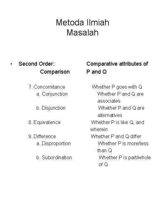 Metoda Ilmiah Masalah • Second Order: Comparison 7. Concomitance a. Conjunction b. Disjunction 8.