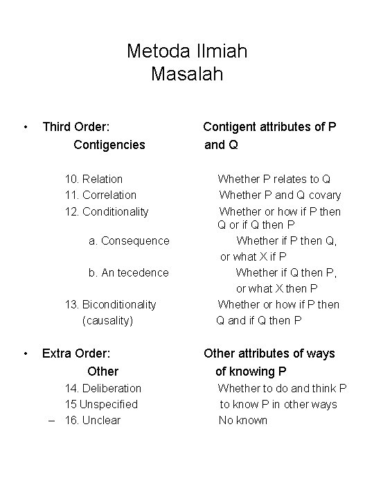 Metoda Ilmiah Masalah • Third Order: Contigencies 10. Relation 11. Correlation 12. Conditionality a.