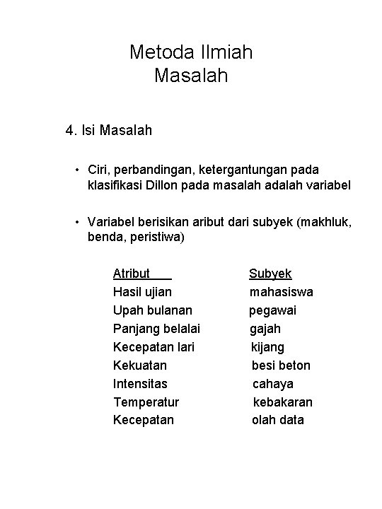 Metoda Ilmiah Masalah 4. Isi Masalah • Ciri, perbandingan, ketergantungan pada klasifikasi Dillon pada