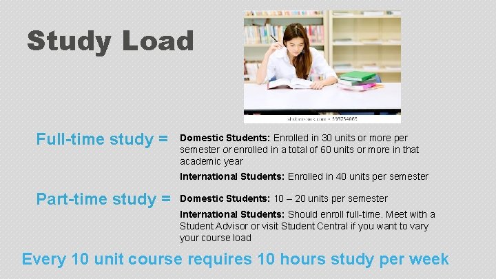 Study Load Full-time study = Domestic Students: Enrolled in 30 units or more per