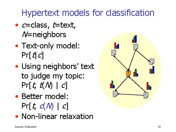 Hypertext models for classification • c=class, t=text, N=neighbors • Text-only model: Pr[t|c] • Using