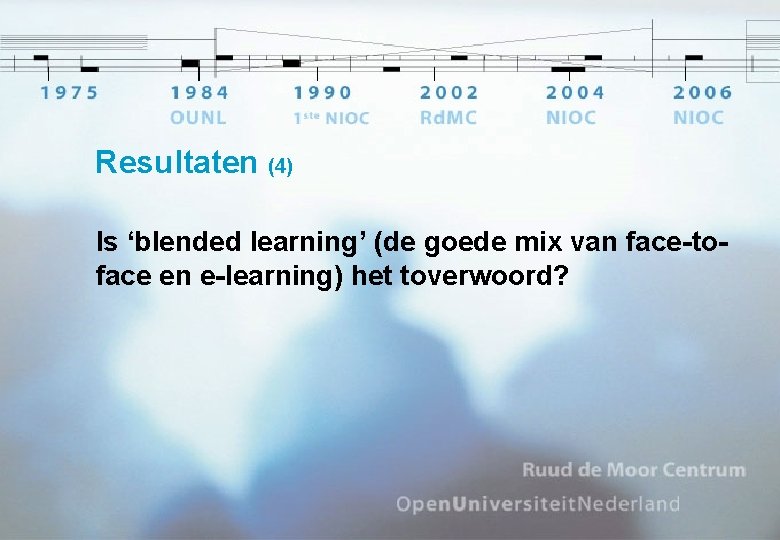 Resultaten (4) Is ‘blended learning’ (de goede mix van face-toface en e-learning) het toverwoord?