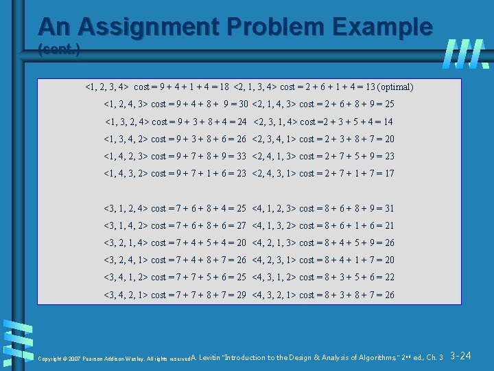 An Assignment Problem Example (cont. ) <1, 2, 3, 4> cost = 9 +