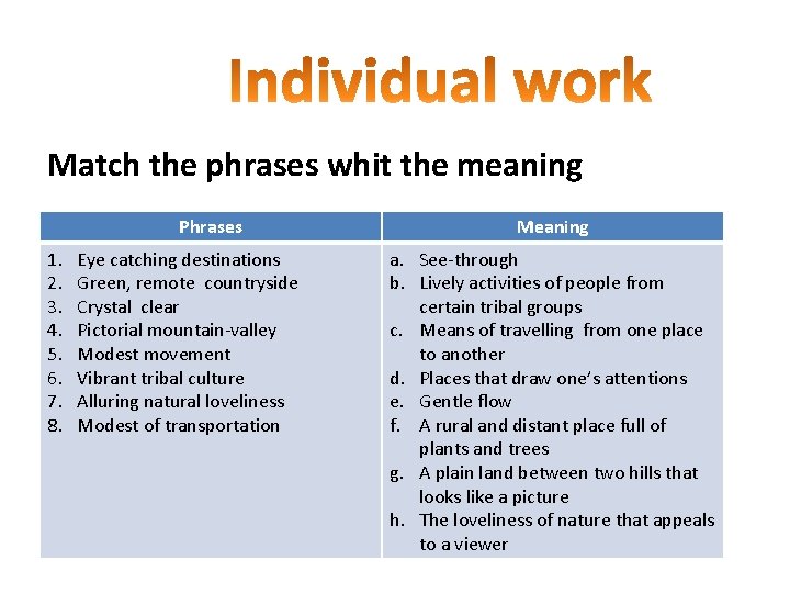 Match the phrases whit the meaning Phrases 1. 2. 3. 4. 5. 6. 7.