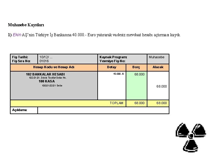 Muhasebe Kayıtları 1) Ekin AŞ’nin Türkiye İş Bankasına 40. 000. - Euro yatırarak vadesiz