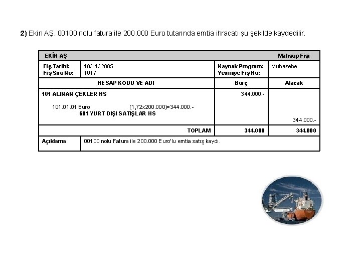 2) Ekin AŞ. 00100 nolu fatura ile 200. 000 Euro tutarında emtia ihracatı şu