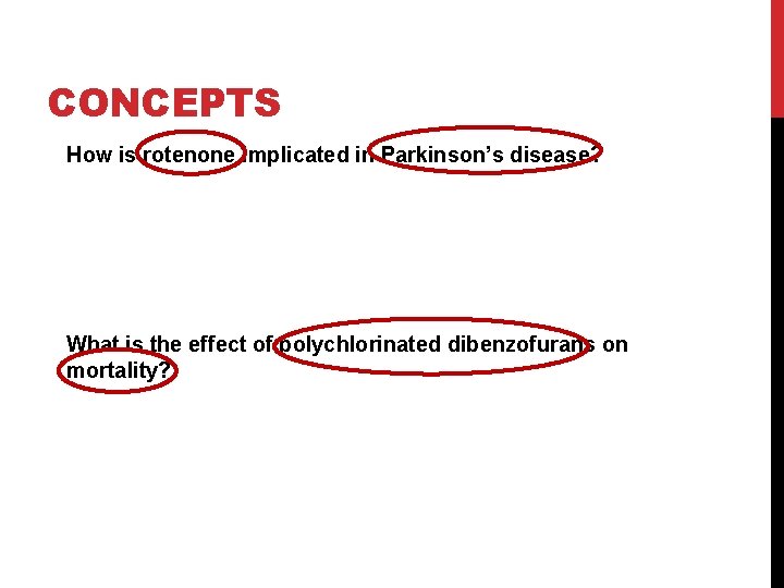 CONCEPTS How is rotenone implicated in Parkinson’s disease? What is the effect of polychlorinated