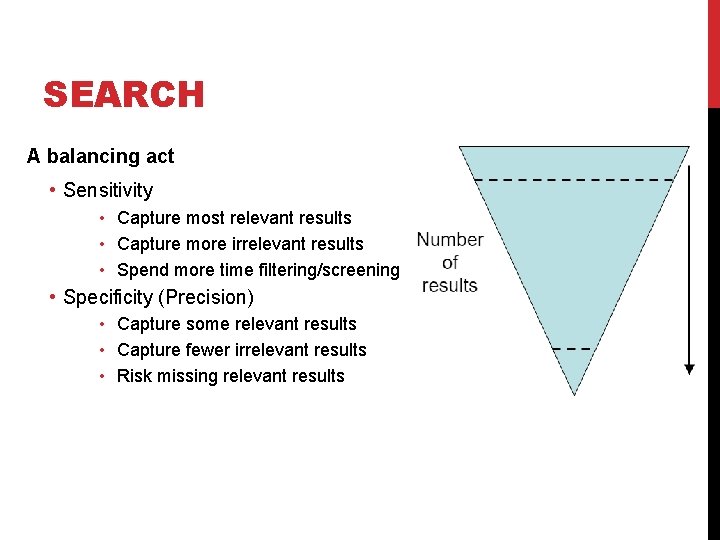 SEARCH A balancing act • Sensitivity • Capture most relevant results • Capture more